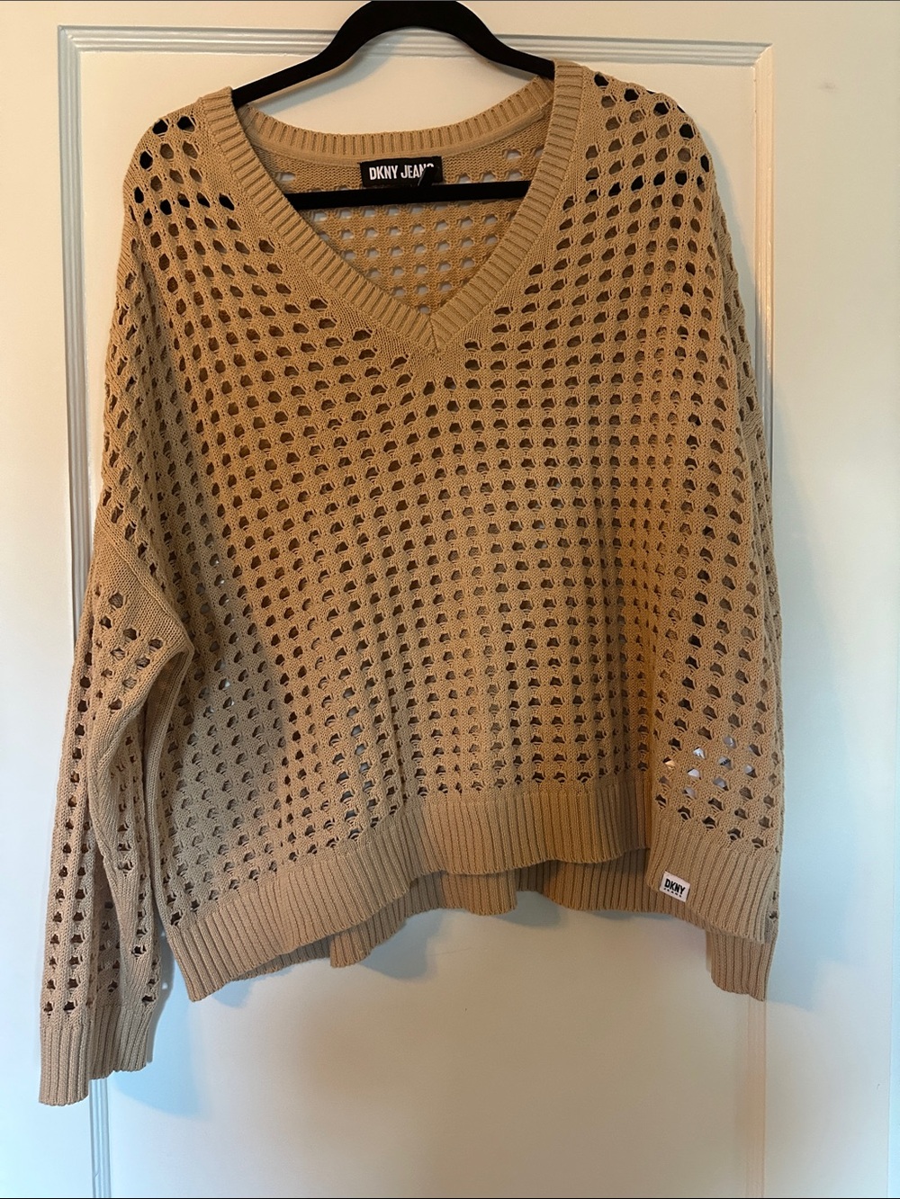 DKNY Tan Open-Knit V-Neck Sweater